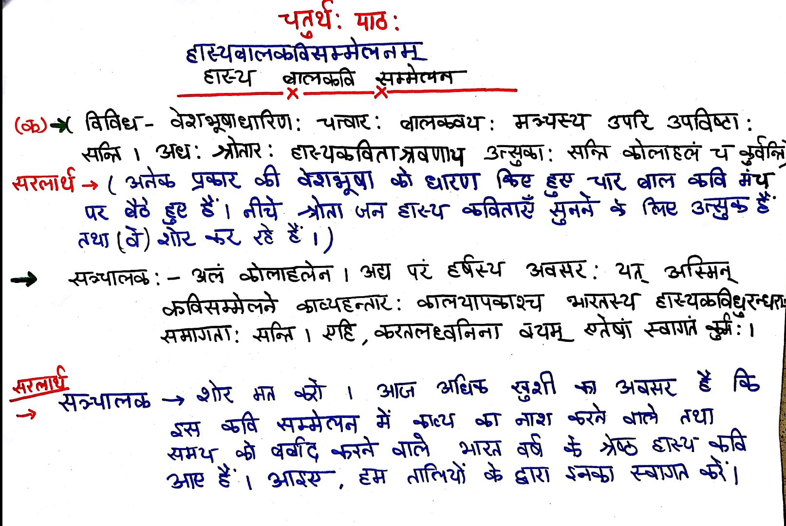 Class 7 Sanskrit Chapter 4 - हास्यबालकविसम्मेलनम् - Hindi translation - Page 1 