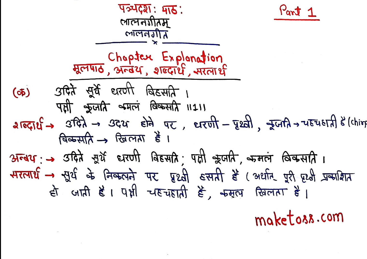 Class 7 Sanskrit chapter 15 लालनगीतम - Hindi  translation - page 1 