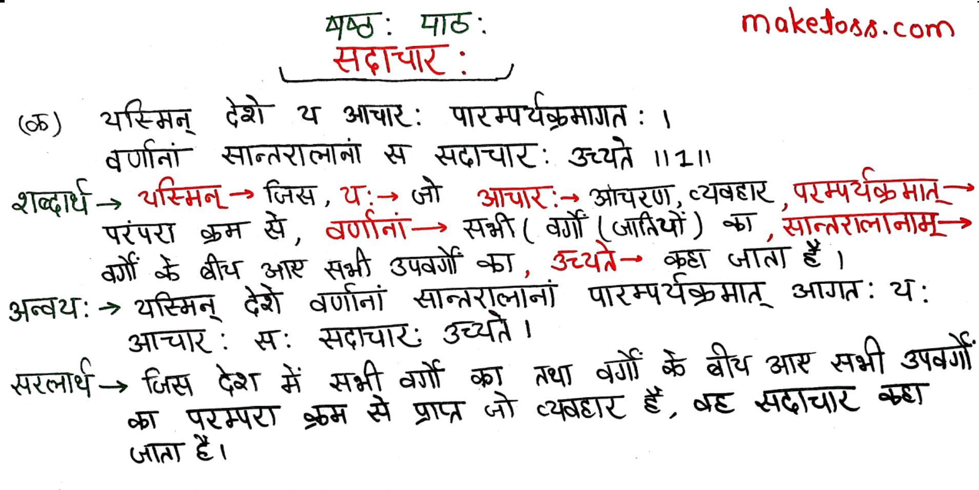 Class 7 Sanskrit Chapter 6 सदाचार: -Hindi  translation - Page 1 