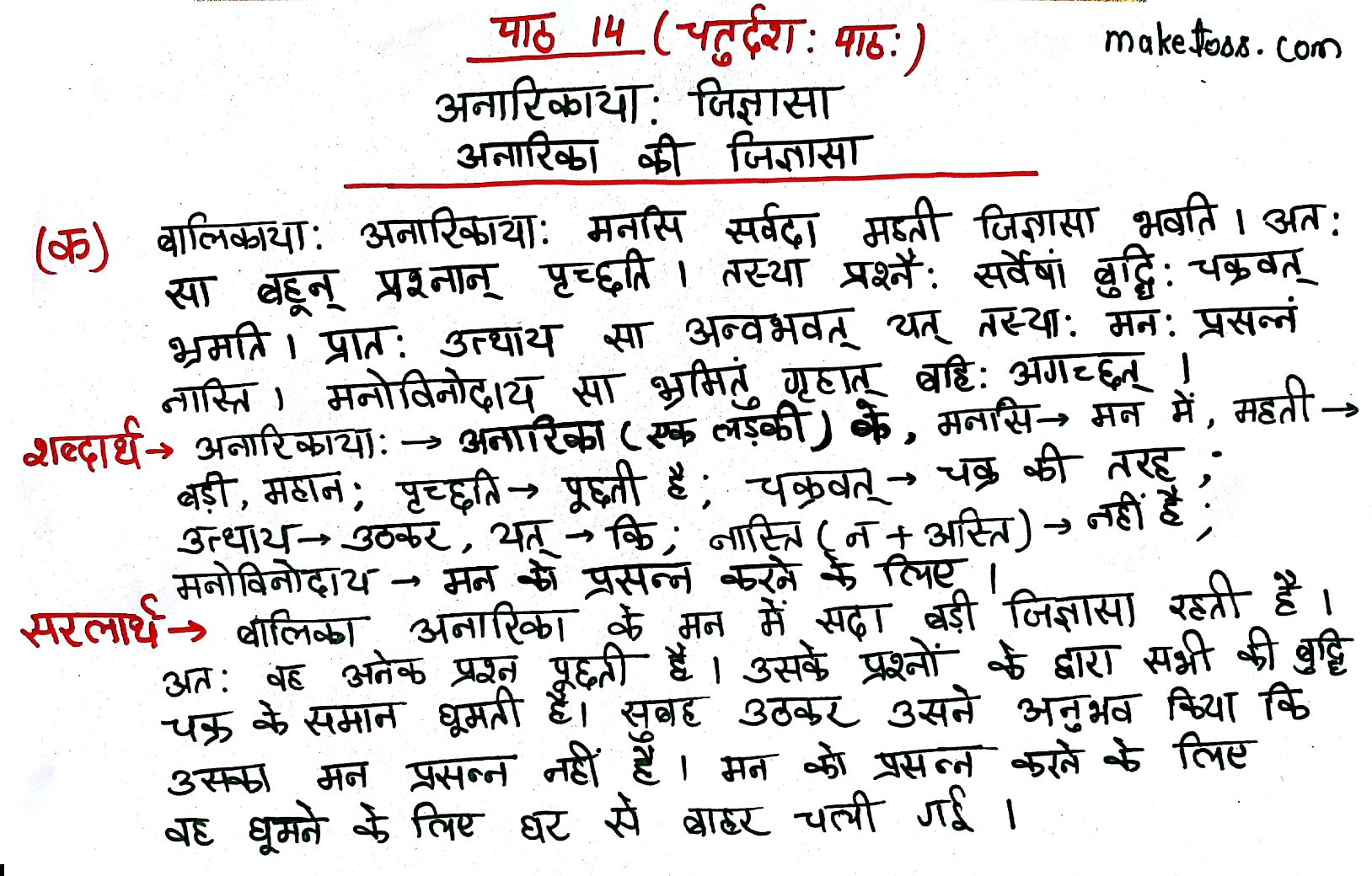 Class 7 sanskrit chapter 14 अनारिकाया: जिज्ञासा - Hindi translation - page 1 